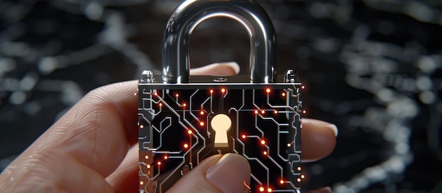 La mano sosteniendo un candado futurista con un diseño de placa de circuitos brillantes