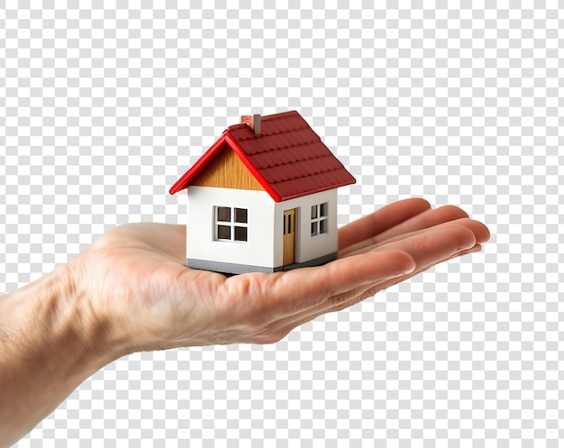 Mano sosteniendo una casa aislada en un fondo transparente