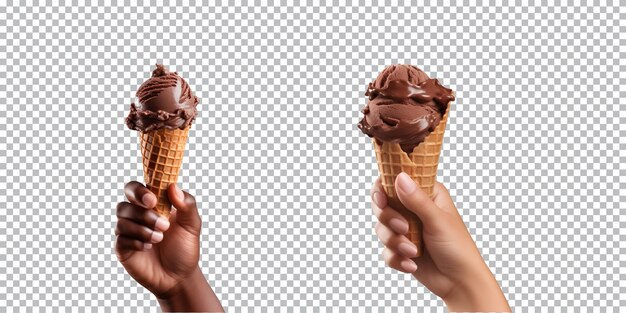 PSD mano sosteniendo un cono de helado de chocolate aislado sobre un fondo transparente png