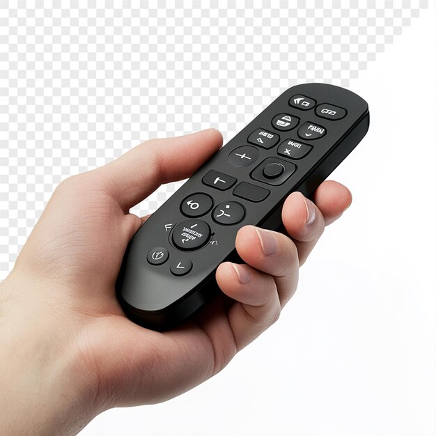 una mano sosteniendo un control remoto negro con botones en la parte inferior