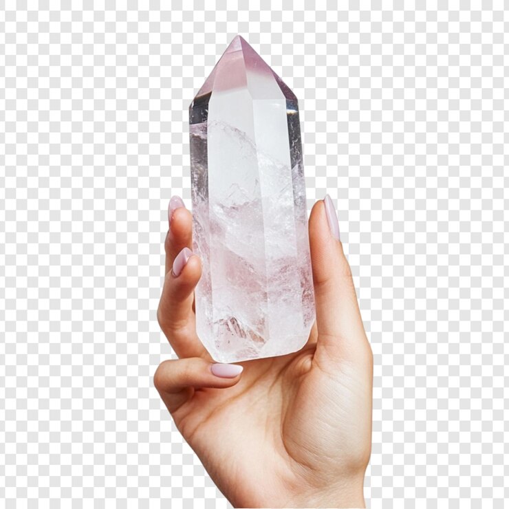 PSD la mano sosteniendo un cristal de cuarzo rosa punto de energía de curación espiritual