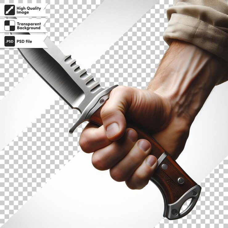 PSD una mano sosteniendo un cuchillo con un mango negro y un fondo blanco y negro