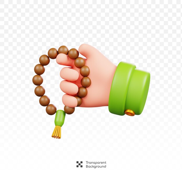 Mano sosteniendo cuentas de oración aisladas Ramadán Kareem elemento islámico icono concepto ilustración 3D