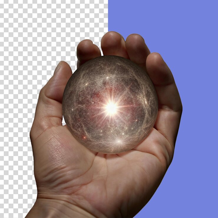 PSD mano sosteniendo una esfera luminosa de energía aislada en un fondo transparente