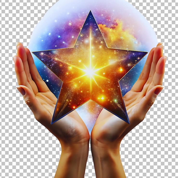 PSD la mano sosteniendo una estrella con una estrella en el cielo