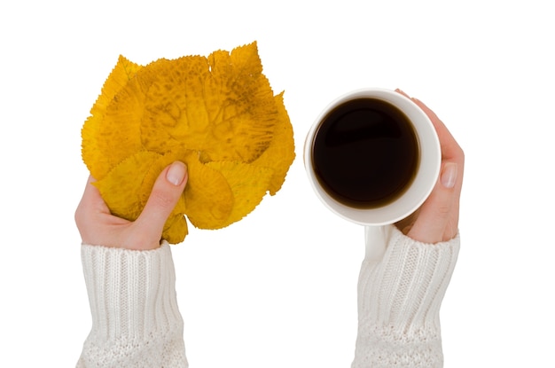 La mano sosteniendo el follaje de otoño y el café