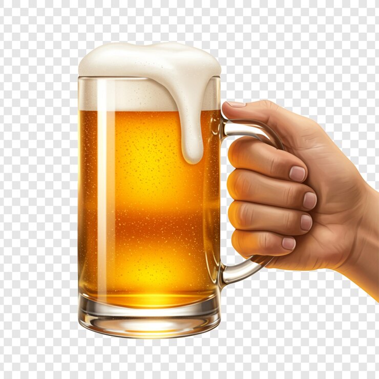 PSD una mano sosteniendo un gran vaso de cerveza en un fondo transparente