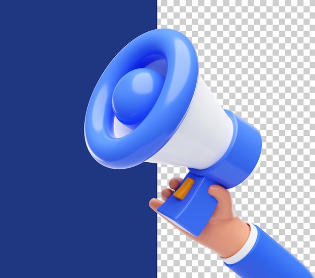 La mano sosteniendo un icono de megáfono concepto de marketing de negocios fondo de ilustración en 3D