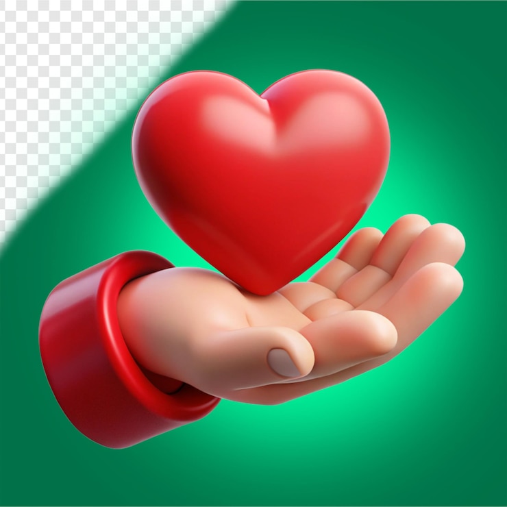 PSD mano sosteniendo un icono de renderización 3d de corazón rojo en puro en fondo transparente