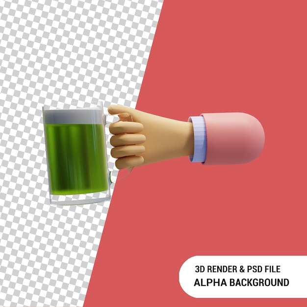 Mano sosteniendo una jarra de cerveza 3d render ilustración psd