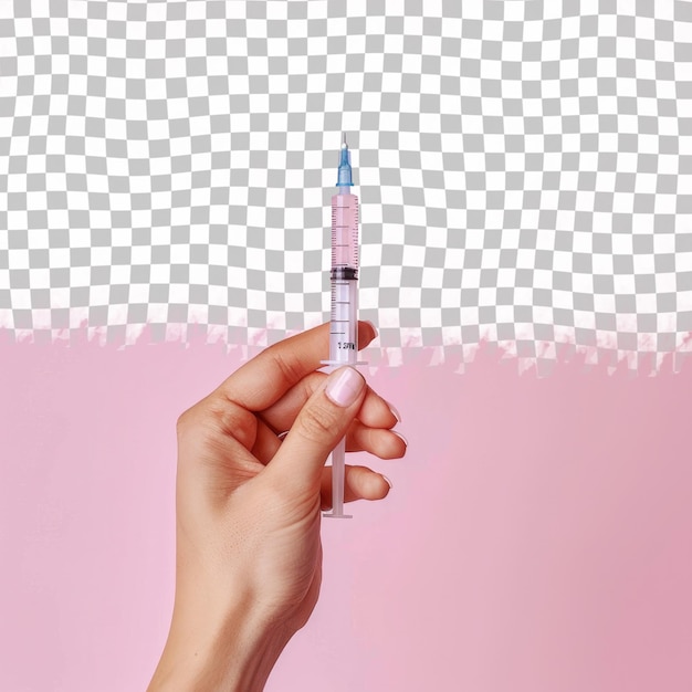 una mano sosteniendo una jeringa con un fondo rosado
