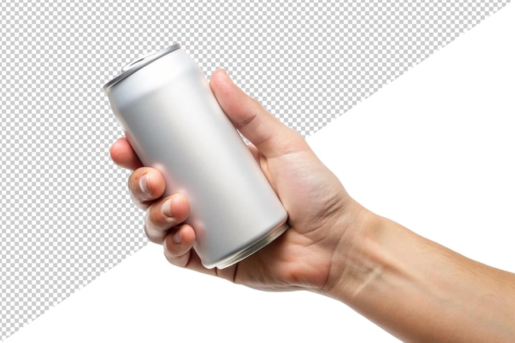 PSD una mano sosteniendo una lata de coca-cola dietética con un fondo blanco
