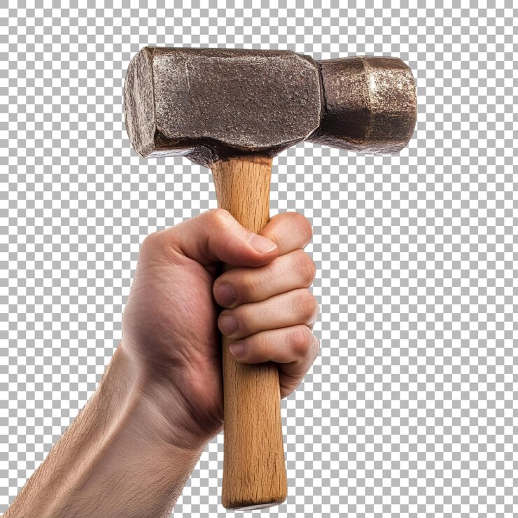 PSD la mano sosteniendo un martillo aislado contra un fondo transparente para herramientas de construcción o carpintería