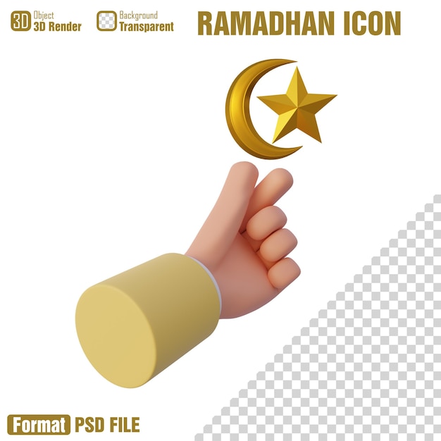 Una mano sosteniendo una media luna y una estrella con el icono de ramadán de texto.