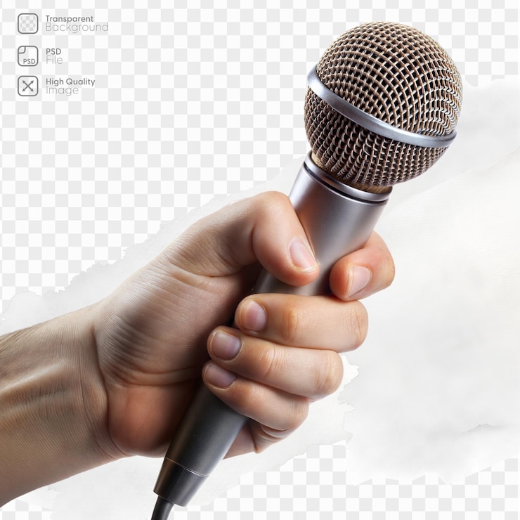 PSD una mano sosteniendo un micrófono con un fondo transparente