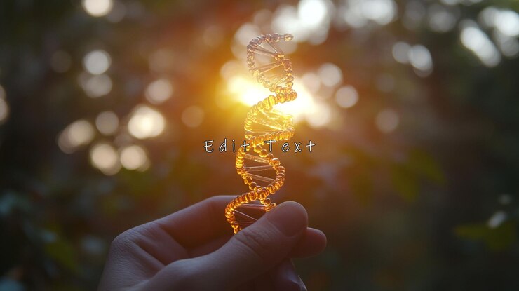 PSD la mano sosteniendo el modelo de adn iluminado contra el fondo bokeh iluminado por el sol