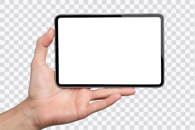 PSD una mano sosteniendo una pantalla en blanco de la tableta adecuada para mostrar aplicaciones o contenido digital en un contexto moderno