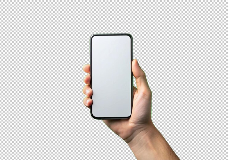 PSD mano sosteniendo pantalla de teléfono en blanco vista frontal aislada en fondo transparente