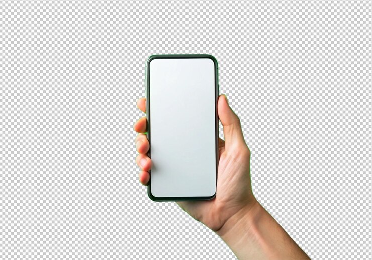 PSD mano sosteniendo pantalla de teléfono en blanco vista frontal aislada en fondo transparente