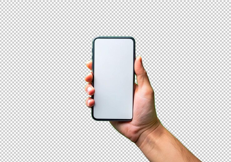 PSD mano sosteniendo pantalla de teléfono en blanco vista frontal aislada en fondo transparente