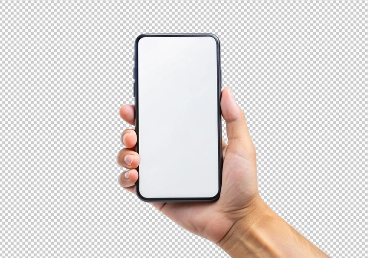 PSD mano sosteniendo pantalla de teléfono en blanco vista frontal aislada en fondo transparente