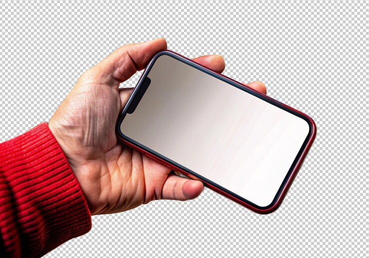 PSD mano sosteniendo pantalla de teléfono en blanco vista frontal aislada en fondo transparente