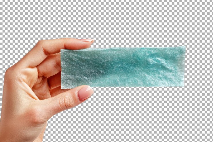 PSD mano sosteniendo un papel azul translúcido para el control de aceite comúnmente utilizado en las rutinas de belleza contra un fondo blanco sencillo