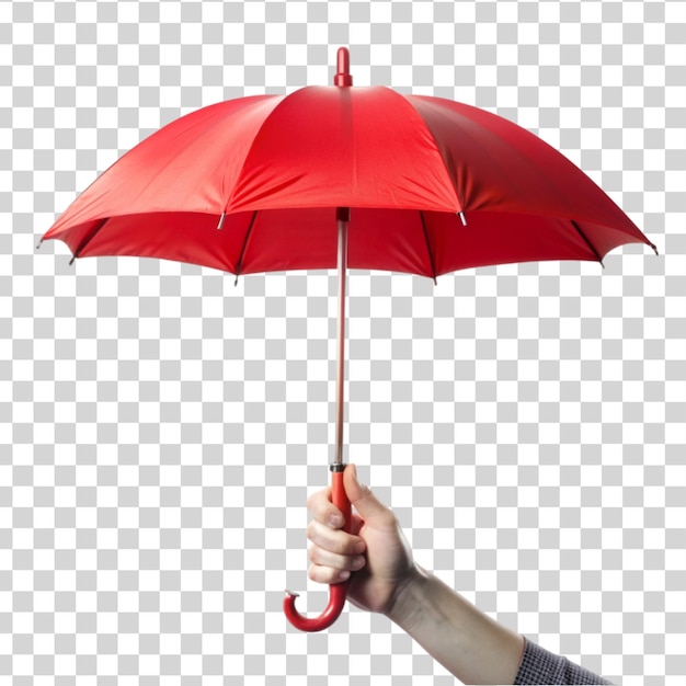PSD mano sosteniendo un paraguas de color rojo aislado sobre un fondo transparente