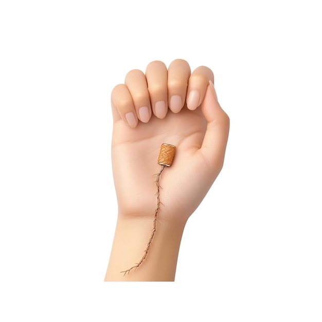 La mano sosteniendo un pequeño carrete de madera de hilo