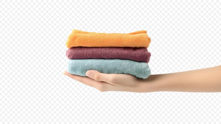 PSD una mano sosteniendo una pila de ropa aislada en un fondo blanco