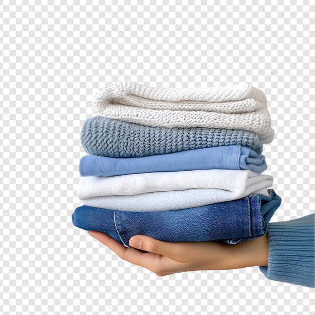 La mano sosteniendo ropa plegada aislada sobre un fondo transparente