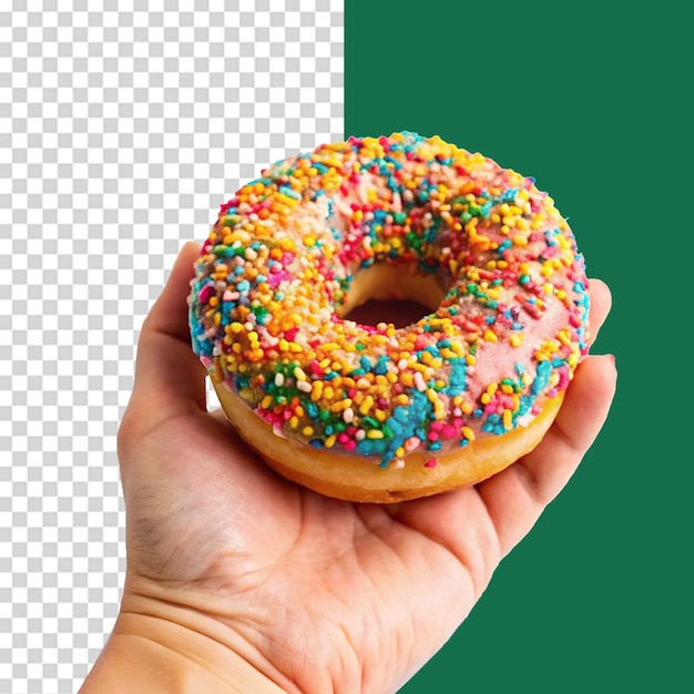 La mano sosteniendo una rosquilla colorida aislada en un fondo transparente PNG