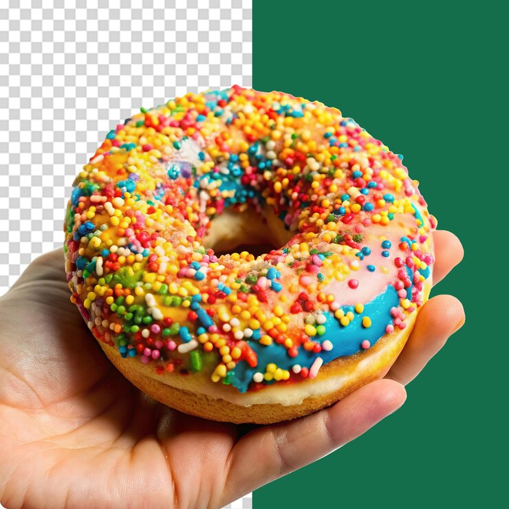 PSD la mano sosteniendo una rosquilla colorida aislada en un fondo transparente png