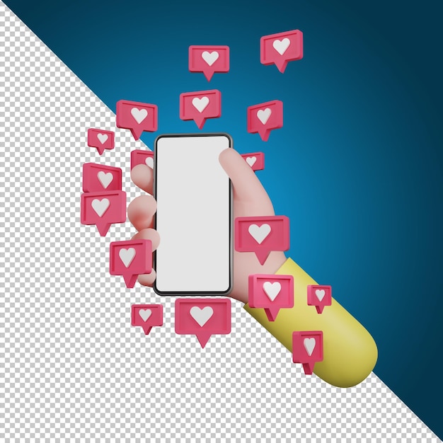 Mano sosteniendo el símbolo de icono de amor de emoción. iconos de corazón, icono de redes sociales, ilustración 3d