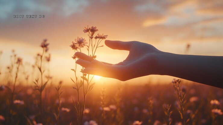 PSD la mano sosteniendo suavemente las flores silvestres al atardecer