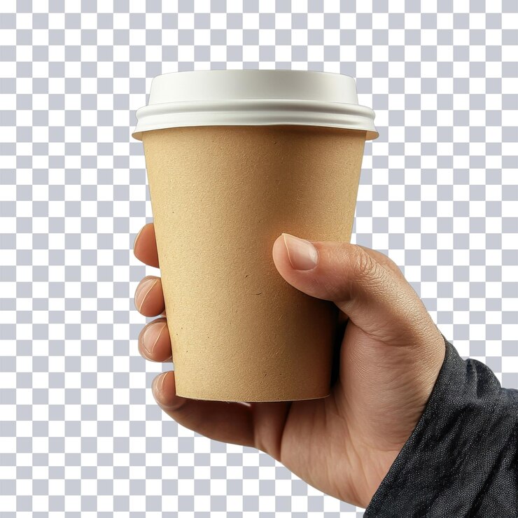 PSD la mano sosteniendo una taza de café en blanco para mockup sobre un fondo transparente