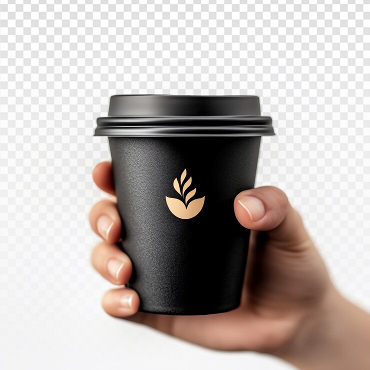 PSD la mano sosteniendo una taza de café oscura sobre un fondo blanco