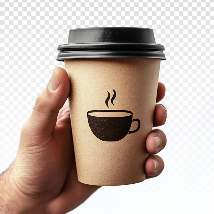 PSD la mano sosteniendo una taza de café oscura sobre un fondo blanco