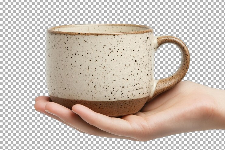 PSD mano sosteniendo una taza de cerámica con diseño moteado que muestra artesanía y estética cálida