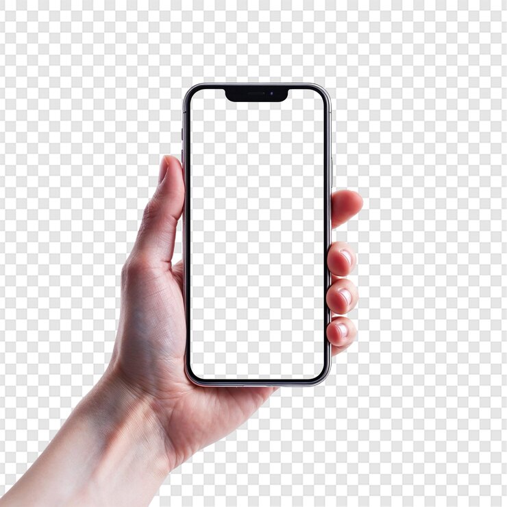 PSD mano sosteniendo un teléfono aislado en un fondo transparente