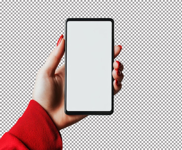 La mano sosteniendo un teléfono inteligente en blanco contra un fondo plano con un elegante suéter rojo