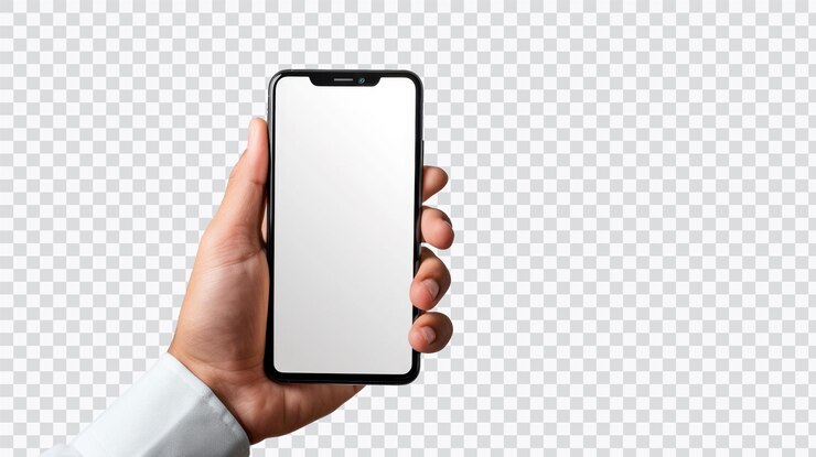 PSD una mano sosteniendo un teléfono inteligente en blanco ideal para mostrar diseños de aplicaciones o contenido digital en un contexto de tecnología moderna