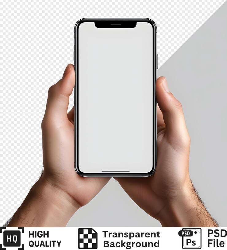 PSD una mano sosteniendo un teléfono inteligente negro con una pantalla blanca aislada en un fondo transparente