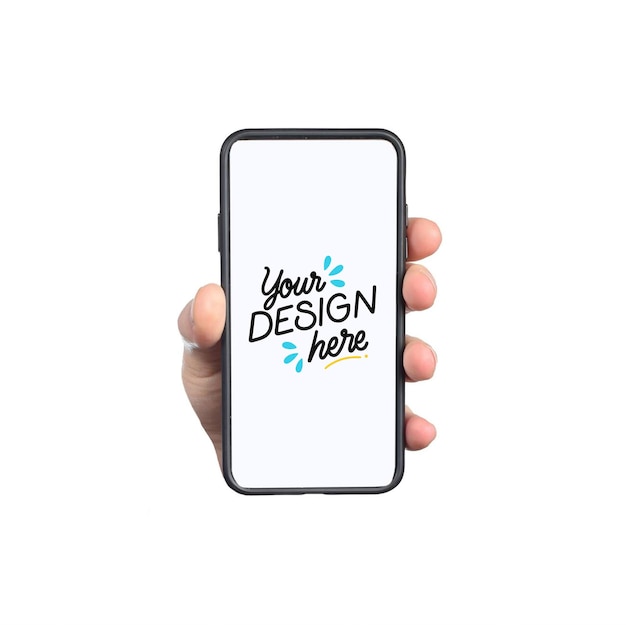 La mano sosteniendo un teléfono inteligente negro con una pantalla en blanco para la presentación de diseño