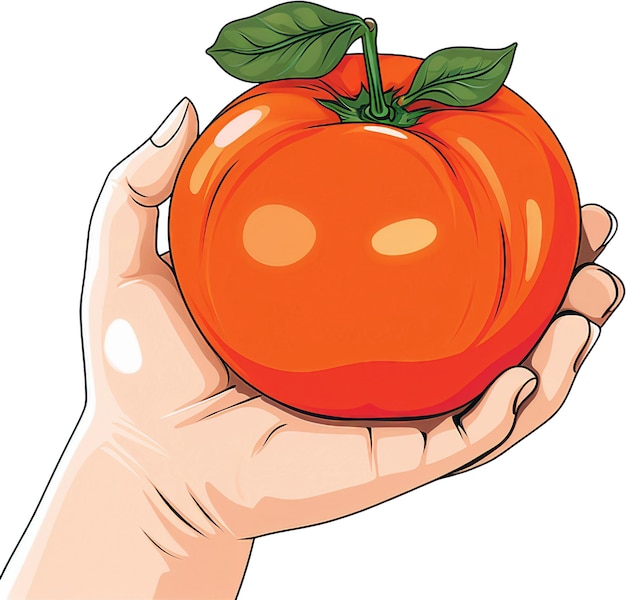 una mano sosteniendo un tomate que tiene una ilustración de arte de hoja verde