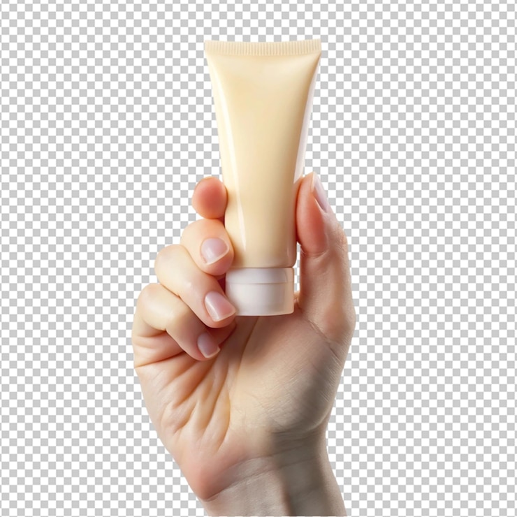 PSD una mano sosteniendo un tubo blanco de loción o crema aislado sobre un fondo transparente