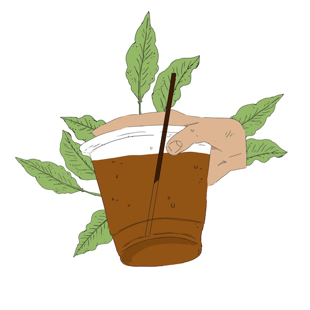 Mano sosteniendo un vaso transparente con café y paja en el fondo con ilustración de ramas
