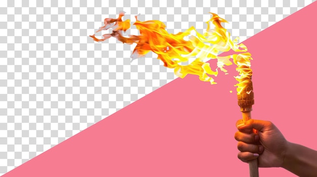 una mano sostiene una antorcha ardiente con llamas y un fondo transparente