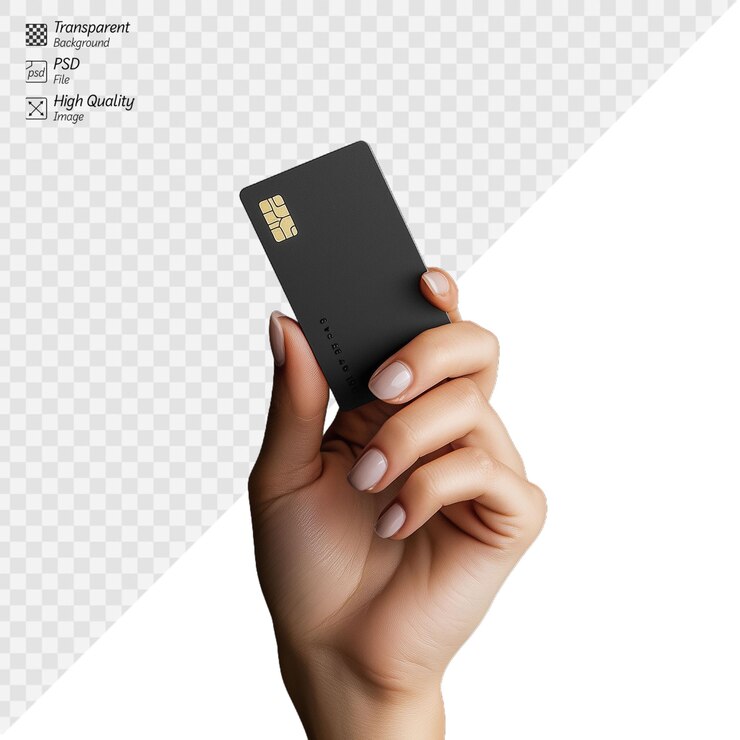 PSD la mano sostiene una elegante tarjeta de crédito negra con un chip en un fondo transparente que representa la seguridad de pago bancario financiero y la tecnología moderna