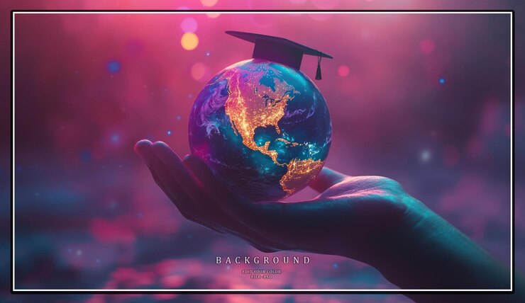 PSD una mano sostiene un globo con una gorra de graduación que simboliza la educación global